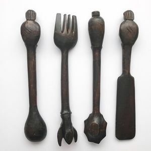HAND CARVED Primitive Wood Vintage Utensils Set of 4